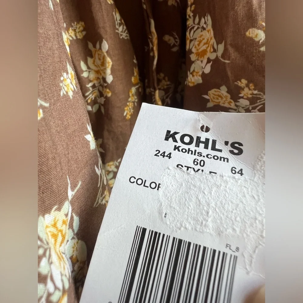 NWT Brown & Yellow Floral Smocked Long Puff Sleeve Women's Top. Size S.
